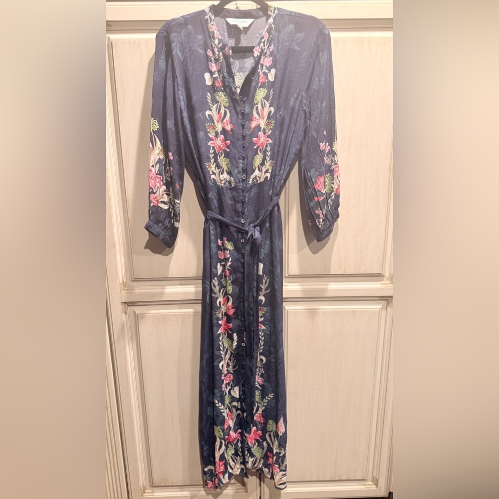 RAISHMA Studio Blue Satin Floral Mandarin Bria Maxi Dress With Belt UK 10 S M